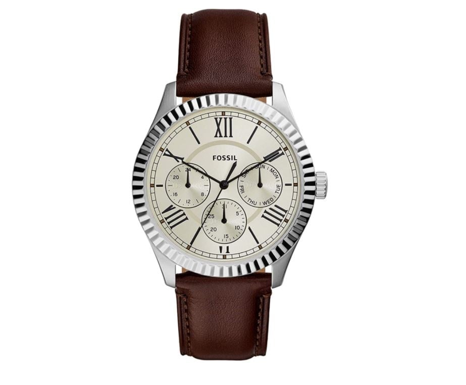 Montre Fossil FS5633 cadran blanc bracelet en cuir marron